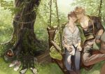  2boys apple artist_name bags_under_eyes basket black_gloves black_shirt blonde_hair blush book boots brown_hair brown_pants closed_eyes eiden_(nu_carnival) ermine ferret food forest fruit gloves green_jacket highres hug jacket jacket_on_shoulders jewelry large_pectorals male_focus merronng multiple_boys muscular muscular_male nature necklace nu_carnival orange_eyes pants pectoral_cleavage pectorals pendant quincy_(nu_carnival) shirt shoes short_hair smile sneakers spiked_hair suspenders swing topper_(nu_carnival) tree unworn_shoes weasel white_shirt yaoi 