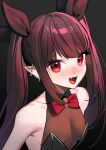  1girl :d akagi_kurage bare_shoulders black_leotard bow bowtie breasts brown_hair brown_leotard brown_ribbon collarbone copyright_request ear_piercing fang hair_ribbon highres leotard long_hair looking_at_viewer piercing pointy_ears red_bow red_bowtie red_eyes ribbon small_breasts smile solo strapless strapless_leotard twintails upper_body 