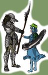  alien alien_(movie) aliens_vs_predator armor blue_hair cannon dress energy_gun gauntlets hat head helmet highres kawashiro_nitori nameo_(judgemasterkou) parody pauldrons polearm predator predator_(movie) shoes shoulder_cannon simple_background spear touhou two_side_up weapon xenomorph 