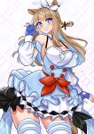  +_+ 1girl absurdres almond_eye_(the_changer)_(umamusume) almond_eye_(umamusume) animal_ears bare_shoulders blue_eyes blue_gloves blush bow_hairband braid braided_sidelocks breasts brown_hair checkered_collar colored_inner_hair commentary detached_sleeves dress fingerless_gloves gloves hair_ornament hairband hairclip highres horse_ears horse_girl horse_tail katou_shinobu large_breasts long_hair looking_at_viewer multicolored_hair open_mouth red_button sidelocks smile solo symbol-shaped_pupils tail teeth thighhighs umamusume white_hairband white_thighhighs x-shaped_pupils 
