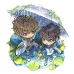  2boys artist_name blonde_hair brown_eyes brown_hair chibi chibi_only eiden_(nu_carnival) ermine ferret flower full_body holding holding_hands holding_umbrella hydrangea ivy lily_pad male_focus merronng multiple_boys nu_carnival official_alternate_costume quincy_(blossoming_legend)_(nu_carnival) quincy_(nu_carnival) raincoat sample_watermark short_hair simple_background spiked_hair topper_(nu_carnival) umbrella water watermark weasel white_background yaoi 