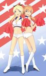  american_flag back-to-back blonde_hair blue_eyes blush boots bow breasts charlotte_e_yeager cheerleader cleavage collarbone fang flag_background hair_bow katharine_ohare long_hair medium_breasts midriff multiple_girls navel open_mouth orange_hair pom_poms ponytail rasielcochma short_shorts shorts sleeveless star strike_witches world_witches_series 