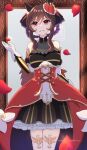  1girl animal_ears bare_shoulders biwa_irosaki braid braided_hair_rings breasts brown_hair cleavage commentary_request corset detached_sleeves dress ear_covers ear_ornament gentildonna_(regina_dei_fiori)_(umamusume) gentildonna_(umamusume) gloves hair_between_eyes hair_ornament hair_rings heart-shaped_ornament heart_ear_ornament highres horse_ears horse_girl large_breasts long_hair looking_at_viewer open_mouth petals red_corset red_eyes see-through_cleavage see-through_clothes smile solo thighhighs umamusume white_gloves white_thighhighs 