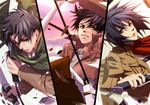  2boys black_eyes black_hair blue_eyes brown_eyes eren_yeager fujiwara_system highres jacket levi_(shingeki_no_kyojin) mikasa_ackerman multiple_boys paradis_military_uniform shingeki_no_kyojin short_hair sword three-dimensional_maneuver_gear weapon wire 