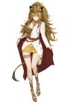  absurdres animal_ears arknights arm_at_side armor asymmetrical_clothes asymmetrical_sleeves belt blonde_hair breastplate breasts cape closed_mouth full_body gladiator_sandals gold_sandals headpiece high_heel_sandals high_heels highres holding jewelry lifting_own_clothes lion_ears lion_tail long_hair looking_at_viewer multiple_rings ponytail red_cape ring sandals shirt side_cape siege_(ambience_synesthesia_2024)_(arknights) siege_(arknights) single_bare_shoulder skirt solo tail tk31 two-tone_cape uneven_sleeves weapon yellow_eyes yellow_skirt 