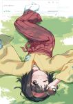  1girl ;) black_hair commentary_request erika_(pokemon) hairband hakama holding holding_poke_ball japanese_clothes kimono kumanomi looking_at_viewer lying on_back on_ground one_eye_closed poke_ball pokemon pokemon_firered_and_leafgreen red_hairband red_hakama request_inset smile socks solo tabi translation_request white_socks wide_sleeves yellow_kimono 