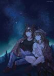  2girls animal_ears beanie black_shirt black_shorts blanket blue_pants breasts brown_hair closed_mouth collarbone commentary_request cup ear_ornament ears_through_headwear grey_hat hair_between_eyes hat highres holding holding_cup horse_ears horse_girl horse_tail jewelry long_hair long_sleeves medium_breasts multicolored_hair multiple_girls nakayama_festa_(umamusume) namuko necklace night outdoors pants parted_lips purple_eyes red_eyes shared_blanket shirt shoes shorts sirius_symboli_(umamusume) sitting sky small_breasts star_(sky) stargazing starry_sky steaming_cup streaked_hair sweater tail umamusume white_hair white_sweater 