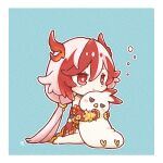  1girl blue_background border chibi closed_mouth commentary_request dress elbow_gloves fu_hua fu_hua_(fenghuang_of_vicissitude) full_body gloves hair_ornament highres honkai_(series) honkai_impact_3rd hug jingwei_(bird) long_hair mon_momu red_dress red_eyes red_gloves red_hair simple_background solo very_long_hair white_border 