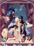  5girls absurdres angel animal arcaea bird black_dress black_hair blue_bow blue_eyes blue_flower blue_rose blue_umbrella boots bow chain commentary curtains dress fish flower flying_fish gown hair_bow hair_bun hair_flower hair_ornament halo highres holding holding_umbrella lace-up_boots ligne_claire long_hair long_sleeves looking_at_another looking_at_viewer multiple_girls multiple_persona owl ponytail profile purple_dress rognize rose shirt single_hair_bun skull sleeveless sleeveless_dress tairitsu_(arcaea) traditional_halo umbrella white_boots white_dress white_hair white_shirt white_wings wings wolf 