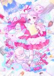  1girl :p absurdres asymmetrical_bangs asymmetrical_clothes asymmetrical_skirt book bow candy candy_hair_ornament colored_pencil colorful cotton_candy double_bun dress fairy_kei fashion food food-themed_hair_ornament frills full_body hair_bun hair_ornament highres holding holding_book holding_pillow lavie_(cestbonlavie) layered_dress lolita_fashion looking_at_viewer original paintbrush pastel_colors pencil pillow pink_dress pink_eyes pink_hair polka_dot polka_dot_skirt puffy_sleeves shoes sketchbook skirt sneakers solo star_(symbol) star_hair_ornament sticker stuffed_animal stuffed_pig stuffed_toy sweet_lolita tongue tongue_out virtual_youtuber yume_kawaii 