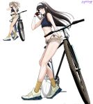 2girls absurdres bare_shoulders bicycle black_hair black_shirt blue_eyes character_request copyright_request cropped_shirt d0gduk full_body highres multiple_girls official_art_inset shirt short_shorts shorts simple_background solo_focus standing tohno_akiha tsukihime white_background white_shorts 