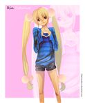  absurdres bad_deviantart_id bad_id blonde_hair character_name hair_bobbles hair_ornament heart heart_hands highres kkun88 kodomo_no_jikan kokonoe_rin long_hair older shorts sleeves_past_wrists solo striped teenage very_long_hair watermark web_address zoom_layer 