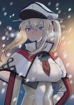  1girl akagi_kurage blonde_hair blue_eyes breasts breath capelet closed_mouth cross dress graf_zeppelin_(kancolle) hair_between_eyes hat highres iron_cross kantai_collection long_hair long_sleeves looking_at_viewer medium_breasts peaked_cap snowing solo twintails v-shaped_eyebrows white_capelet white_dress white_hat 