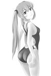  ass competition_swimsuit from_behind greyscale long_hair looking_back monochrome one-piece_swimsuit original smile solo swimsuit tk4 twintails 