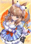  +_+ 1girl almond_eye_(the_changer)_(umamusume) almond_eye_(umamusume) animal_ears bare_shoulders blue_eyes blue_gloves blush bow_hairband braid braided_sidelocks breasts brown_hair character_name checkered_collar cleavage closed_mouth colored_inner_hair commentary_request detached_sleeves dress fingerless_gloves from_above funaya_sakichi gloves hair_ornament hairband hairclip highres horse_ears horse_girl horse_tail large_breasts long_hair looking_at_viewer multicolored_hair red_button sidelocks smile solo symbol-shaped_pupils tail teeth thighhighs umamusume white_hairband white_thighhighs x-shaped_pupils 