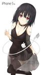  1girl apple_inc. black_hair black_legwear breasts cable cellphone cleavage dress highres iphone iphone-tan leg_up legs looking_at_viewer medium_breasts personification phone red_eyes saku_(kudrove) see-through simple_background smartphone standing standing_on_one_leg symbol-shaped_pupils thighhighs usb white_background zettai_ryouiki 