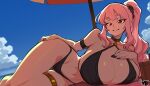  beach beach_umbrella bikini black_bikini black_nails blue_sky breasts cleavage cloud gold_garter_belt hair_ornament hand_on_own_chest hand_on_own_hip high_ponytail hololive hololive_english huge_breasts long_hair looking_at_viewer lying mewmaster93 midriff mori_calliope nail_polish picnic_basket pink_eyes pink_hair ponytail shiny_skin skull_hair_ornament sky swimsuit thigh_gap umbrella under_umbrella 