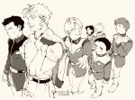  2girls 5boys amuro_ray boots bright_noa earth_federation earth_federation_space_forces greyscale gundam hayato_kobayashi highres jacket kai_shiden military mirai_yashima mobile_suit_gundam monochrome multiple_boys multiple_girls napp sayla_mass shirt signature simple_background sleggar_law white_background 