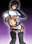  black_hair black_legwear breasts garter_belt gradient gradient_background kangoku_senkan large_breasts midriff miniskirt naomi_evans navel open_mouth panties pantyshot pixiv_thumbnail red_eyes resized shirt_lift short_hair skirt smile solo taro thighhighs underwear upskirt 