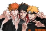  2boys absurdres arm_around_shoulder black_eyes black_hair black_headband black_kimono bleach blonde_hair blue_eyes brown_eyes closed_mouth double_v facial_mark furrowed_brow gon012607 grin hair_between_eyes headband highres jacket japanese_clothes kimono konohagakure_symbol kurosaki_ichigo male_focus monkey_d._luffy multiple_boys naruto_(series) naruto_shippuuden one_eye_closed one_piece orange_hair orange_jacket parted_bangs parted_lips red_vest scar scar_on_cheek scar_on_face shihakusho short_hair smile spiked_hair stitched_face stitches teeth twitter_username upper_body uzumaki_naruto v vest whisker_markings white_background 