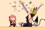  >_< 2girls ace_(playing_card) anya_(spy_x_family) arms_up black_garter_straps black_nails black_thighhighs blonde_hair card closed_mouth crying debby_the_corsifa debby_the_corsifa_wa_makezugirai demon_girl demon_tail demon_wings extra_ears fang garter_straps hairpods highres holding holding_card multiple_girls open_mouth pink_hair playing_card short_hair skin_fang spy_x_family streaming_tears tail tearing_up tears thighhighs unamused wings yuki131224 