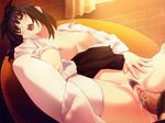  1girl amemiya_hatsune black_hair blush bottomless breasts brown_eyes girl_on_top kara_no_shoujo missionary nipples open_clothes open_mouth open_shirt pussy sex shirt skirt skirt_lift source_request sugina_miki thighhighs uncensored vaginal 