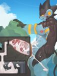 absurd_res anthro balls big_balls big_penis black_body black_fur blue_body blush bodily_fluids body_worship cum cum_inside destruction erection excessive_cum excessive_genital_fluids eyes_closed facility felid flooding fur generation_4_pokemon genital_fluids genitals glans hi_res huge_penis humanoid_genitalia humanoid_penis hyper hyper_genitalia hyper_penis internal luxray machine macro male mammal milking_machine muscular muscular_anthro muscular_male namutree nintendo nipples orgasm pecs penetrable_sex_toy penetration penile penis penis_milking pokemon pokemon_(species) sex_toy solo thick_penis vein veiny_penis