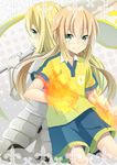  1girl armor back-to-back bad_id bad_pixiv_id blonde_hair fire flag fusion glasses green_eyes highres inazuma_eleven_(series) inazuma_eleven_go inazuma_eleven_go_chrono_stone izumi39 jeanne_d'arc_(inazuma_eleven) kirino_ranmaru kirino_ranmaru_(mixi_max_jeanne_d'arc) lightning_bolt long_hair raimon raimon_soccer_uniform smile soccer_uniform sportswear twintails 