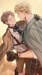  2boys absurdres artist_name bags_under_eyes belt black_gloves blonde_hair blue_bow blue_bowtie blush bow bowtie brown_belt brown_coat brown_hair brown_pants closed_eyes coat dancing earrings eiden_(nu_carnival) gloves green_coat highres holding_hands jewelry looking_at_another male_focus merronng multiple_boys nu_carnival orange_eyes pants plaid_clothes plaid_pants quincy_(hidden_code)_(nu_carnival) quincy_(nu_carnival) ring shirt short_hair smile spiked_hair watch white_shirt 