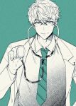  1boy aged_down arurandeisu commentary doctor glasses green_background green_necktie highres hikariemochi holding holding_stethoscope holostars male_focus necktie short_hair smile solo stethoscope striped_clothes striped_necktie untranslatable_commentary 