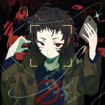  1girl abstract_background bags_under_eyes black_background black_sweater brown_coat brown_hair closed_mouth coat copyright_name disembodied_eye expressionless facial_recognition four-pointed_star headphones highres holding holding_phone hood hooded_coat igurumi_00128 long_sleeves looking_at_viewer messy_hair milk-chan_(milk_series) milk_inside_a_bag_of_milk_inside_a_bag_of_milk mixed-language_commentary no_symbol outline pale_skin phone red_eyes red_outline short_bangs short_hair solo sweater upper_body 