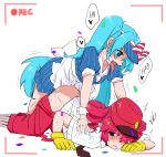  2girls apron aqua_hair bite_mark blue_dress blush bow cum cum_overflow dress drill_hair drooling_on_another english_commentary futa_with_female futanari gloves hat hatsune_miku heavy_breathing implied_futanari kasane_teto long_hair mesmerizer_(vocaloid) multiple_girls necktie nejikyuu open_mouth pants pinstripe_dress pinstripe_hat pinstripe_pattern pinstripe_shirt puffy_short_sleeves puffy_sleeves red_hair red_hat red_pants saliva sharp_teeth shirt short_sleeves smiley_hat_ornament suspenders teeth tongue tongue_out visor_cap vocaloid waist_apron 