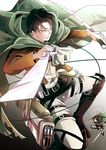  acaallodola ascot belt black_hair boots brown_eyes brown_hair cape dual_wielding eren_yeager highres holding jacket levi_(shingeki_no_kyojin) multiple_boys paradis_military_uniform reverse_grip shingeki_no_kyojin sword thigh_strap three-dimensional_maneuver_gear weapon wire 