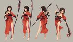  ankle_bell anklet barefoot bell belt black_hair braid breasts character_sheet cleavage crossed_legs feet fkey full_body glaive guan_dao hadanugi_dousa japanese_clothes jewelry kimono large_breasts legs long_hair naginata off_shoulder original polearm red_eyes simple_background standing tattoo toenail_polish watson_cross weapon 