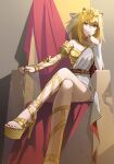  animal_ears applying_pedicure arknights armor asymmetrical_clothes asymmetrical_sleeves belt blonde_hair breastplate breasts cape closed_mouth commentary_request crossed_legs from_below full_body gladiator_sandals gold_sandals hand_on_own_chin headpiece high_heel_sandals high_heels highres jewelry liang_chan_xing_make_tu lion_ears lion_tail long_hair looking_at_viewer nail_polish ponytail red_cape ring sandals shirt siege_(ambience_synesthesia_2024)_(arknights) siege_(arknights) single_bare_shoulder sitting skirt solo tail thighs toenail_polish toenails toes two-tone_cape uneven_sleeves weapon yellow_eyes yellow_skirt 