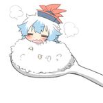  blue_hair blush closed_eyes hat kamishirasawa_keine long_hair lowres open_mouth rebecca_(keinelove) rice rice_spoon spoon steam touhou 