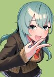  1girl :d akagi_kurage black_skirt blazer blue_hair bow breasts brown_cardigan brown_jacket cardigan collared_shirt frilled_skirt frills green_background grey_eyes hand_up highres jacket kantai_collection long_hair long_sleeves looking_at_viewer medium_breasts open_clothes open_jacket pleated_skirt red_bow school_uniform shirt skirt sleeves_past_wrists smile solo suzuya_(kancolle) v white_shirt 