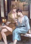  2boys absurdres alcohol architecture artist_name bags_under_eyes barefoot blonde_hair blue_kimono blush bottle bracelet brown_eyes brown_hair crossed_legs cup drunk east_asian_architecture eiden_(nu_carnival) ermine eye_contact ferret highres japanese_clothes jewelry kimono lantern large_pectorals looking_at_another male_focus merronng multiple_boys muscular muscular_male necklace nu_carnival off_shoulder open_clothes orange_eyes pectoral_cleavage pectorals pendant quincy_(nu_carnival) ring sakazuki sake short_hair smile spiked_hair sweat topper_(nu_carnival) weasel yellow_kimono yukata 