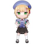  1girl :c black_shoes black_skirt blonde_hair blunt_bangs blush buttons chibi chibi_only closed_mouth commentary_request double-breasted frown full_body green_eyes grey_hat grey_shirt hair_ornament hairclip hands_on_own_hips hat heaven_burns_red highres kneehighs looking_at_viewer maruyama_kanata mary_janes miniskirt parallel_hairclips pleated_skirt puffy_short_sleeves puffy_sleeves rin_0101010 shirt shoes short_hair short_sleeves simple_background skirt socks solo split_mouth standing straight-on tomboy transparent_background white_socks 