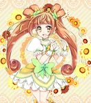  bow brown_eyes brown_hair chigo choker cure_rosetta curly_hair dokidoki!_precure double_bun floral_background flower green_choker hair_flower hair_ornament hair_ribbon long_hair magical_girl precure ribbon sepia_background skirt smile solo twintails wrist_cuffs yotsuba_alice 