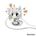  animal_ears black_eyes blush braid dog_ears dog_tail fang grey_hair izayoi_sakuya lowres maid_headdress rebecca_(keinelove) ribbon rice_spoon short_hair spoon tail touhou 