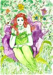  1girl bare_shoulders batman_(series) dated dc_comics fajar female flower ivy leotard plant poison_ivy red_hair sitting sleeveless solo traditional_media watercolor_(medium) 