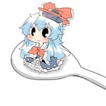  black_eyes blue_hair blush bow clothes_writing cosplay expressive_clothes hakurei_reimu hakurei_reimu_(cosplay) hat kamishirasawa_keine long_hair lowres multicolored_hair open_mouth rebecca_(keinelove) rice_spoon smile solo spoon touhou two-tone_hair 