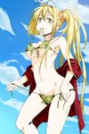  arthur_(techno_smith) bikini blonde_hair blush breasts cleavage cloud day front-tie_top green_eyes highres jacket kyo9999 large_breasts long_hair million_arthur_(series) mouth_hold navel open_clothes open_jacket side-tie_bikini sky smile solo swimsuit undressing 