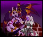 2_tails absurd_res amber_eyes anthro bodysuit canid canine canis clothed clothed_anthro clothed_male clothing crouching dragonborn_velatis duo female fenrir_(dlrowdog) frown fully_clothed fully_clothed_anthro fully_clothed_male gatling_gun gun gun_arm hair hi_res horn leggings legwear machine_gun male mammal markings minigun mostly_nude_anthro mostly_nude_female multi_tail neck_tuft niitre pointy_ears purple_body purple_eyes purple_hair purple_markings ranged_weapon scowl sitting skinsuit smile smirk tail thick_tail tight_clothing tuft unknown_species velatis_ferio_caedo weapon white_hair wings wolf
