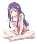  bangs barefoot blush bow collarbone eyebrows_visible_through_hair feet full_body hair_bow indian_style long_hair looking_at_viewer original purple_eyes purple_hair sakayama_shinta short_sleeves simple_background sitting smile solo 