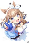 +_+ 1girl absurdres almond_eye_(the_changer)_(umamusume) almond_eye_(umamusume) animal_ears arm_up blue_dress blue_eyes blue_gloves blush bow_hairband braid braided_sidelocks breasts brown_hair checkered_collar cleavage color_neko colored_inner_hair commentary_request detached_sleeves dress fingerless_gloves from_above gloves hair_ornament hairband hairclip highres horse_ears horse_girl horse_tail index_finger_raised large_breasts long_hair looking_at_viewer multicolored_hair shoes sidelocks simple_background smile solo symbol-shaped_pupils tail thighhighs umamusume white_background white_hairband white_thighhighs x-shaped_pupils 