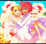  2girls blonde_hair blue_eyes carrying dress fuuro_(pokemon) gym_leader high_heels highres kamitsure_(pokemon) lgw7 married multiple_girls nintendo open_mouth pokemon princess_carry red_hair shoes short_hair smile wedding wedding_dress yuri 