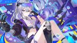  1girl absurdres black_gloves black_shorts borii character_name commentary_request crop_top drill_hair drill_ponytail eyewear_on_head feet_out_of_frame fingerless_gloves fishnet_kneehighs gauntlets gloves gradient-tinted_eyewear grey_eyes grey_hair highres honkai:_star_rail honkai_(series) knee_pads knees_up looking_at_viewer mechanical_wings multicolored_hair navel purple-tinted_eyewear purple_hair salute shorts silver_wolf_(honkai:_star_rail) silver_wolf_(lv.999)_(honkai:_star_rail) single_fingerless_glove single_gauntlet single_knee_pad smile solo stomach streaked_hair sunglasses tinted_eyewear two-finger_salute wings 