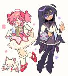  2girls akemi_homura akemi_homura_(magical_girl) argyle_clothes argyle_pantyhose arm_shield black_hair blue_eyes bow bow_choker bubble_skirt cat choker commentary english_commentary frilled_socks frills hairband highres jack0ran kaname_madoka kaname_madoka_(magical_girl) kyubey magical_girl mahou_shoujo_madoka_magica mahou_shoujo_madoka_magica_(anime) multiple_girls pantyhose pink_eyes pink_hair red_choker short_twintails skirt socks star_(sky) twintails white_background 